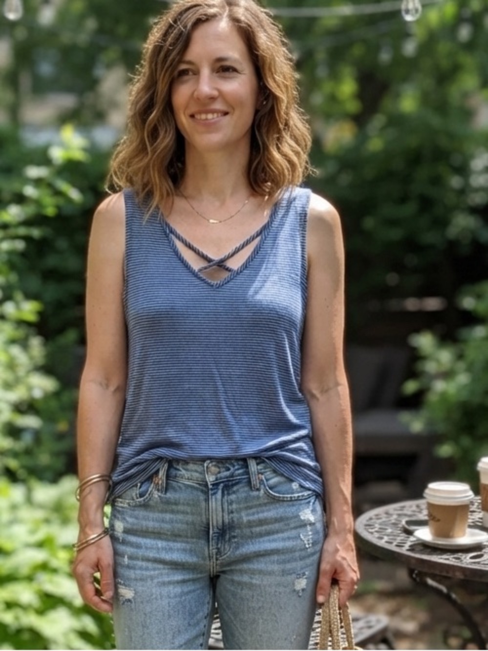 Crisscross V-Neck Blue Striped Tank Top by